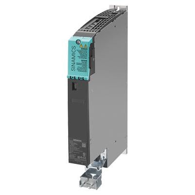 Siemens SINAMICS S120 dobbeltmotormodul i Booksize-format med grønt frontpanel og synlige køleprofiler på toppen.
