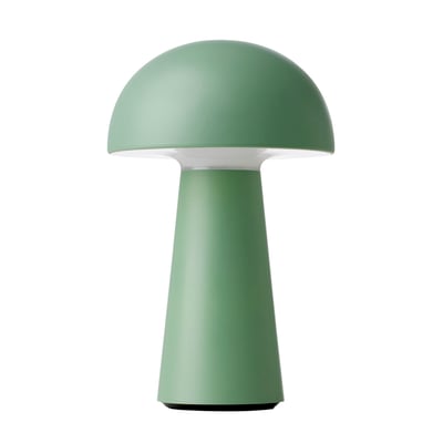 Nielsen Light Move Me bordlampe i støvet grøn med en svampelignende top og kegleformet fod på hvid baggrund.