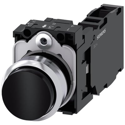 Siemens 22mm trykknap i sort metal med krom kant og momentan kontakt, 1NO+1NC, med skrueklemme.