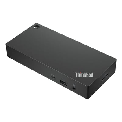 Sort Lenovo ThinkPad Universal USB-C-dockingstation med USB-C, 2 x HDMI og synlige porte på front og side.