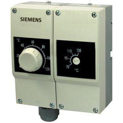 Siemens RAZ-TW.1200P-J dobbelt termostat med lys beige kabinet og to justeringsskiver til temperaturindstilling i °C.