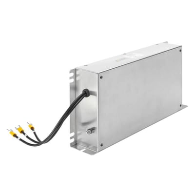 Omron 3G3M1 RFI filter, model AX-FIC4095-SE, 3-faset, 95 A og 400 VAC, med en kabeludgang med tre gule og gule terminer.