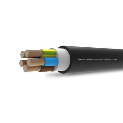 Sort 5G4 RZ1-K flex elkabel med 5 leder, heraf grøn/gul, blå, brun, sort og grå, med en 500m rulle synlig.