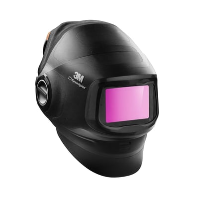 Sort 3M Speedglas G5-01 heavy-duty svejseskærm med svejsekassette, set skråt forfra med synligt visir og sideregulering.