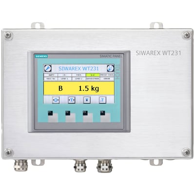 Siemens SIWAREX WT231 vejeterminal i rustfrit stålhus med touchskærm, der viser 1.5 kg måling.