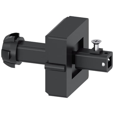Siemens 8UD1 dørkobling med 8 x 8 mm aksel, vist skråt fra siden med mørk koblingsdel og synlig låseskrue.