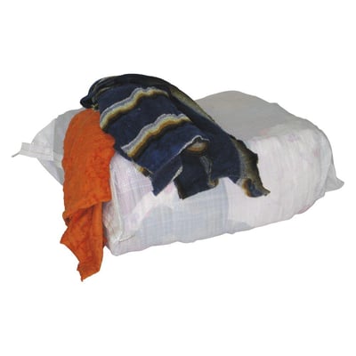 Stor sæk med 10 kg kulørte frottéklude, hvoraf orange og blå stribede klude er synlige. Kludene er pakket i en hvid vævet plastiksæk.