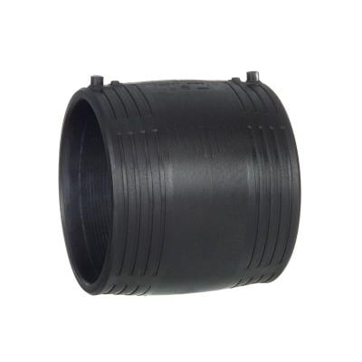 Georg Fischer ELGEF Plus el-svejsemuffe til 225mm PE100-SDR17 rør, PN10, med synlige svejseindikatorer og centerstop. Produktet er i sort plast og har en ru ydre tekstur.