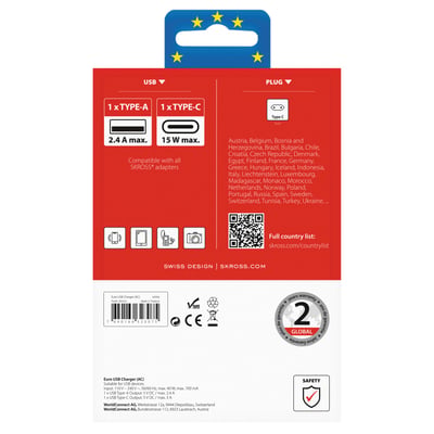 Bagside af Skross Euro USB-opladerens emballage, viser kompatibilitet og landeliste, med QR-kode og produktdetaljer.
