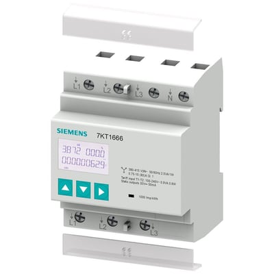 Siemens SENTRON 7KT1666 energimåler med tydelig display, knapper og tilslutningsterminaler til 3-faset brug.
