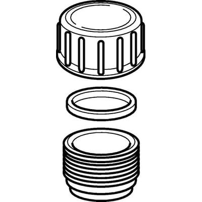Teknisk illustration af Geberit 40 mm PEH slutmuffe, viser de tre dele: en udvendig gribekrans, en pakning og selve muffen.