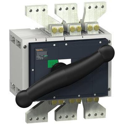 Schneider Electric Interpact INV2500 3-polet lastafbryder med sort håndtag og synlig afbrydelse, ideel til AC/DC netværk op til 2500A.