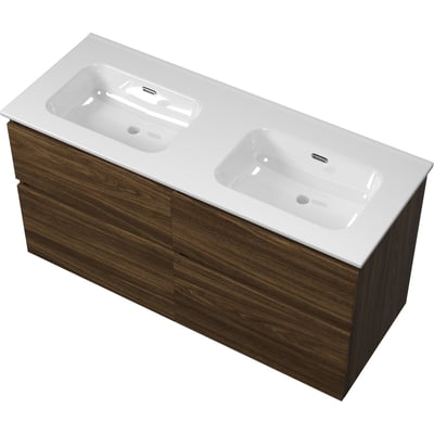 Sanibell Proline møbelsæt i cabana eg med to integrerede hvide porcelænsvaske, måler 121x46cm.