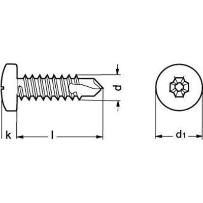 Teknisk illustration af DIN 7504-N A2 pladeskrue 3.5x13 mm med panhoved og borespids, visende dimensioner som l, k, d1 og p.