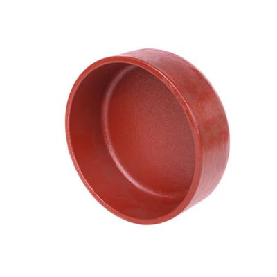Preis & Co SML endedæksel i 80mm, en rød støbejernsdetalje med en ensfarvet baggrund.