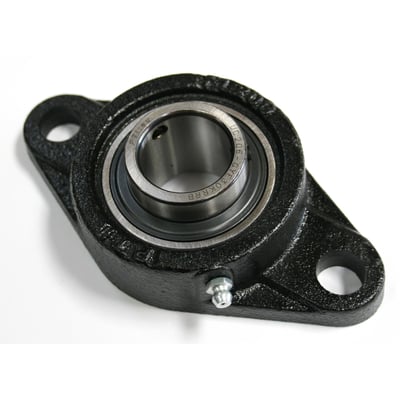 Komplet flangeleje UCFL 207 med to monteringshuller og pinolskrue til fastspænding, vist på hvid baggrund.