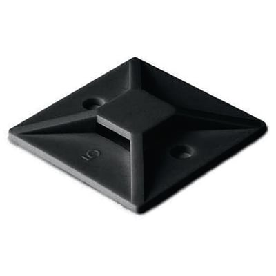 En sort HellermannTyton MB4A holder til kabelbindere, fremstillet af polyamid, med lim og skruehuller.
