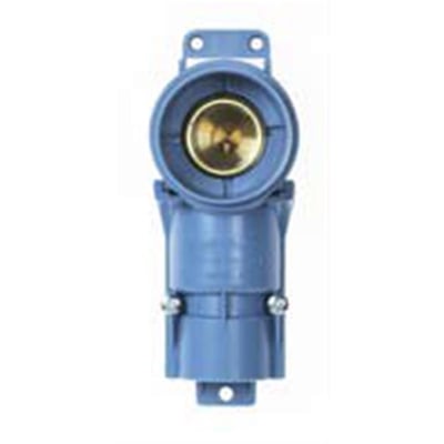 Sanikobling koblingsdåse M4, set forfra med tydelig 1/2" messing gevind og 15mm push-tilslutning til PEX-rør i blå plast.