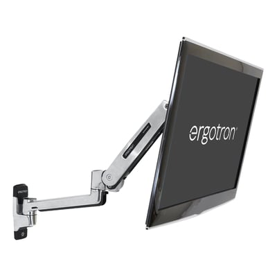 ERGOTRON LX monteringssæt til LCD display monteret på væg med en stor skærm, viser armens bevægelighed og poleret aluminium finish.