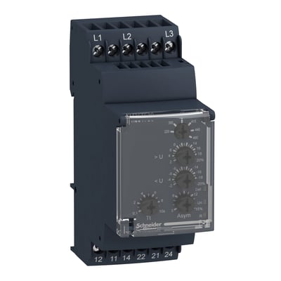 Schneider Electric Zelio 3-faset kontrolrelæ til overvågning af spænding, nul, over- og underspænding med justeringsknapper og tydelige markeringer.