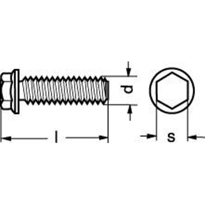 Teknisk tegning af M4X10 DIN 7500-D gevindformende skrue med 6-kant hoved og galvaniseret overflade.