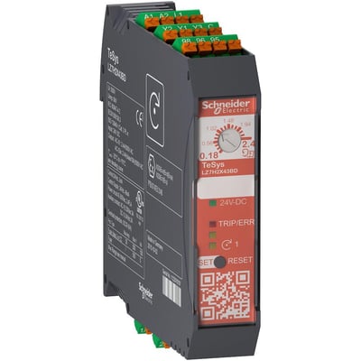 Schneider Electric TeSys H sikkerhedsmotorstarter LZ7H2X43BD med 0,75kW, 400V og 24VDC styring, fremhæver justeringshjul og reset-knap.