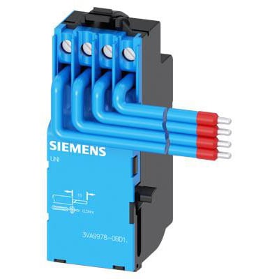 Siemens universal udløser i blå og sort plast, med blå ledninger med røde endestykker der går ind i den blå terminalblok.