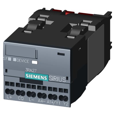 Siemens IO-Link-funktionsmodul 3RA2711-2AA00 til direkte start, set skråt forfra med frontens tilslutninger synlige.