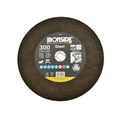 Ironside plan skæreskive til stål, 300 mm, vist forfra med produktmærkat og centralt hul.