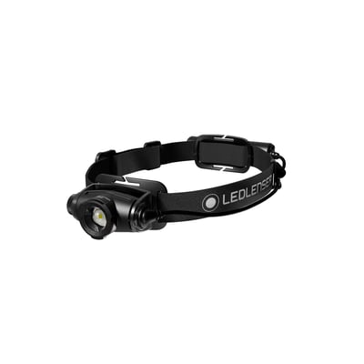 Sort Ledlenser H5R genopladelig pandelampe med justerbar lampe foran og elastisk hovedrem med mærkelogo.