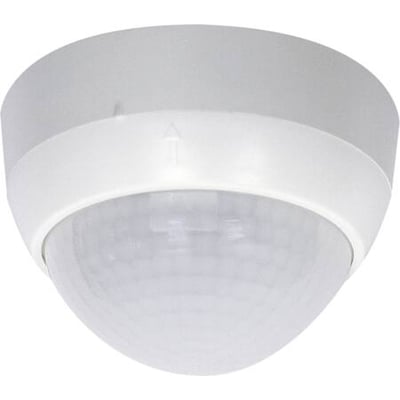 B.E.G. Luxomat PD4-M-1C-P tilstedeværelsessensor i hvid plast monteret på loftet med et 360 graders detekteringsområde.