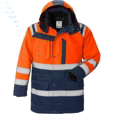 Kansas Hi vis parka jakke i str. L, kombineret i orange og mørkeblå med reflekser, synlig lynlås og fleeceforet krave.