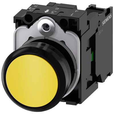 Siemens SIRIUS ACT gul trykknap, 22mm rund i plast med momentan kontakt og 1 NO skrueklemme til montering.