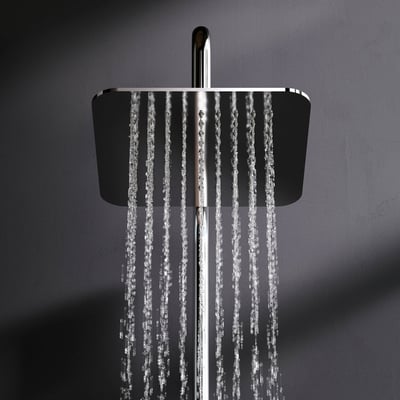 AM.PM Hit hovedbruser Rain Shower med 200mm diameter i blank krom, mens vandet strømmer ud på en mørk baggrund.