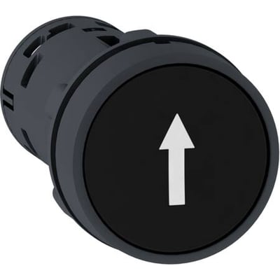 Schneider Electric sort trykknap med 1NO kontakt og hvid pil op-symbol, 22 mm montage, IP65.