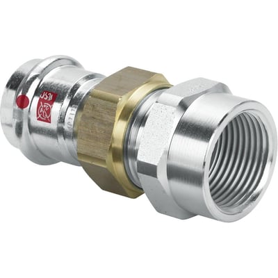 Detaljeret visning af Viega Prestabo overgangsforskruning, der viser 22mm presenden og 3/4" Rp-gevindet med messingdetaljer.