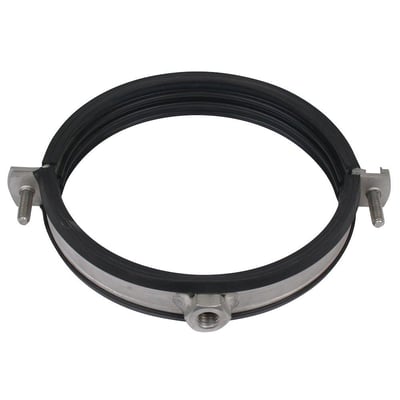 Elforzinket rørbøjle KSB2 uden quicklås, med sort EPDM gummi for Ø125-130mm rør på hvid baggrund.