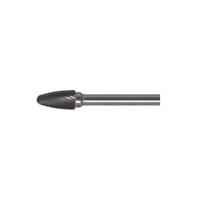 Ironside rotationsfil i hårdmetal, model F 1020 S, med spidset, afrundet filhoved til venstre og skaft mod højre.
