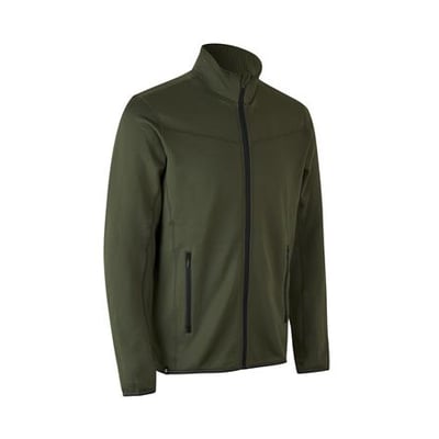 ID Identity sporty cardigan i olivenfarvet stretch materiale med blød indvendig fleece og sorte YKK lynlåse.