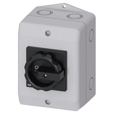 Siemens SENTRON 3LD lastafbryder, 4-polet, 16A, med sort roterende greb og grå plastindkapsling.