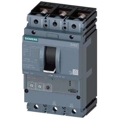 Siemens 3VA2 maksimalafbryder med tre poler og 100 A, vist forfra med betjeningsgreb og tilslutninger.