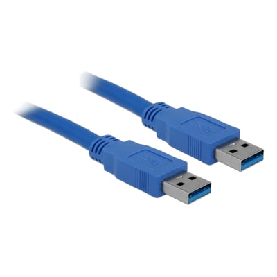 Blåt Delock USB 3.0-kabel på 0,5 meter med USB Type-A-hanstik i begge ender, vist skråt fra oven.