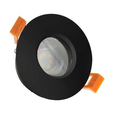 SpectrumLED rund, sort GU10-indbygningsspot med klar front og orange monteringsclips, leveret uden lyskilde.