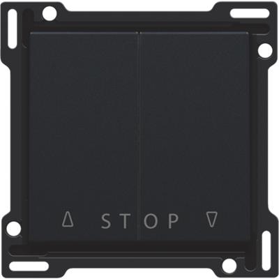 Niko tangent til jalousiafbryder i sort. Tangenten har symboler for op, stop og ned, og er monteret på en sort ramme med monteringshuller.