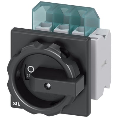 Siemens 3-polet hovedafbryder på 25 A med sort drejehåndtag og synlige tilslutninger set forfra.