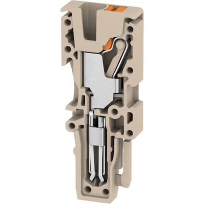 Weidmüller stik APG 2.5 L i beige, vist i snit der viser fjederterminal og PUSH IN teknologi, samt metal-kontakter.