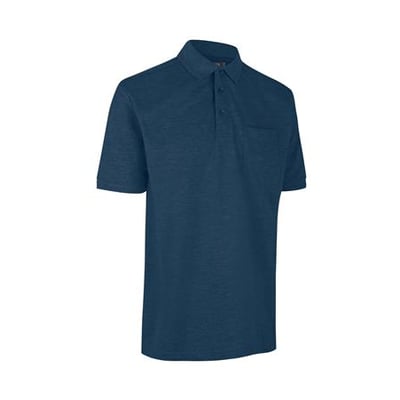 ID Identity Pro Wear poloshirt i blå melange, størrelse 4XL, med brystlomme og klassisk krave, vist på hvid baggrund.