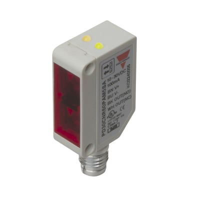 Carlo Gavazzi fotoaftaster PD30CNB20NAM5IS med rød optisk front, set skråt forfra med mærkat og tilslutning nederst.