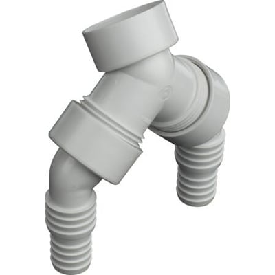 Hvid dobbelt slangeforskruning til opvaske- og vaskemaskiner, lavet af plast, med ribbede ender til slangefastgørelse.