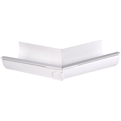 Plastmo udvendig gering 12" i hvid plast, 45° vinkel, viser samlingen mellem to rendestykker med alu-detaljer.